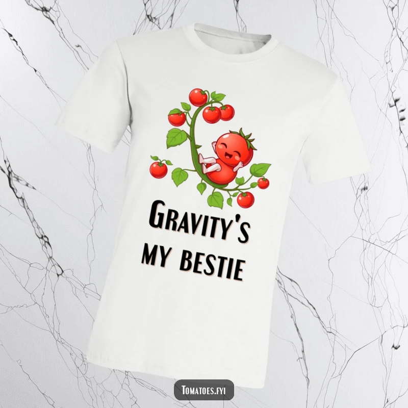 Funny winking tomato character playfully sliding down a green tomato vine, depicted on a funny t-shirt.