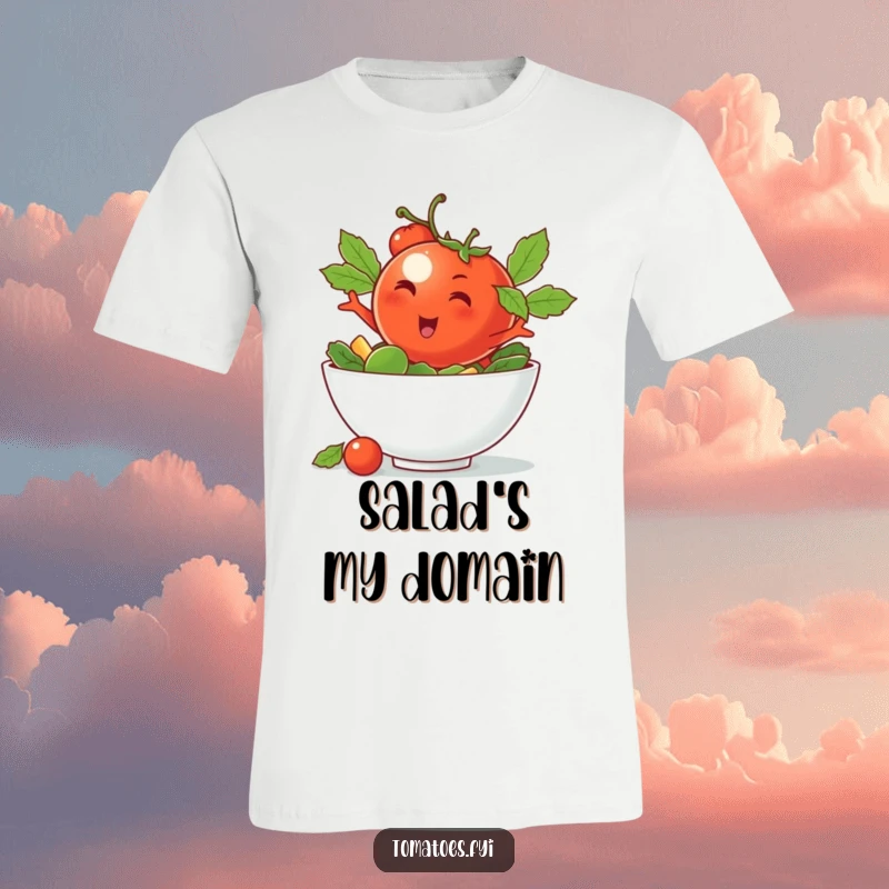 Funny t-shirt featuring a winking tomato character doing a cool dive into a salad bowl, stylish and humorous.