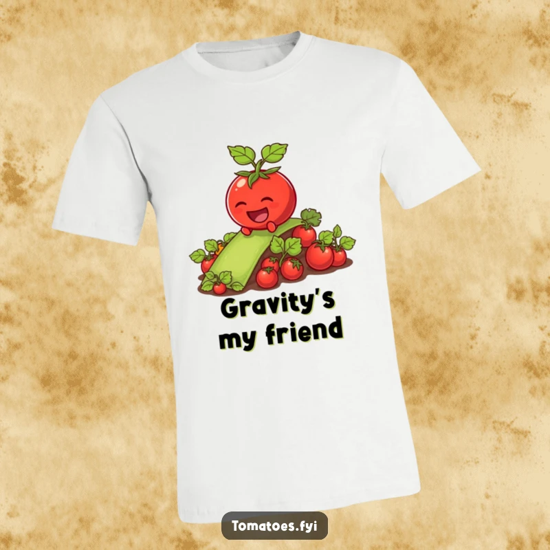 Funny tomato character gleefully sliding down a slick vegetable patch on a soft, comfortable t-shirt.