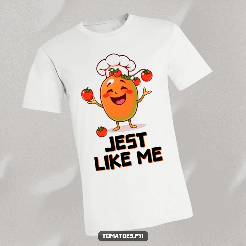 Funny laughing chef tomato t-shirt, wearing a hat and juggling cherry tomatoes, humorous and fresh apparel.