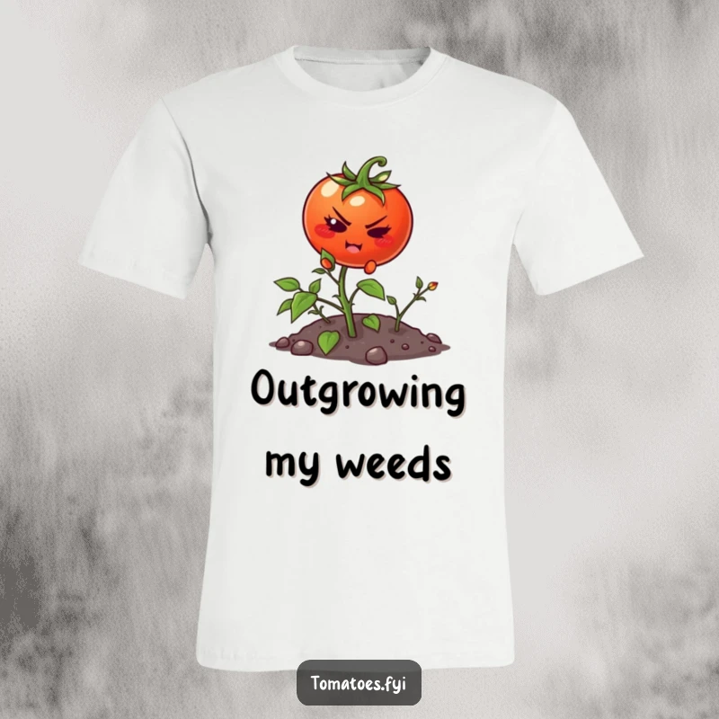Funny t-shirt depicting a focused cartoon tomato striving to climb a small weed, embodying strength and ambition.