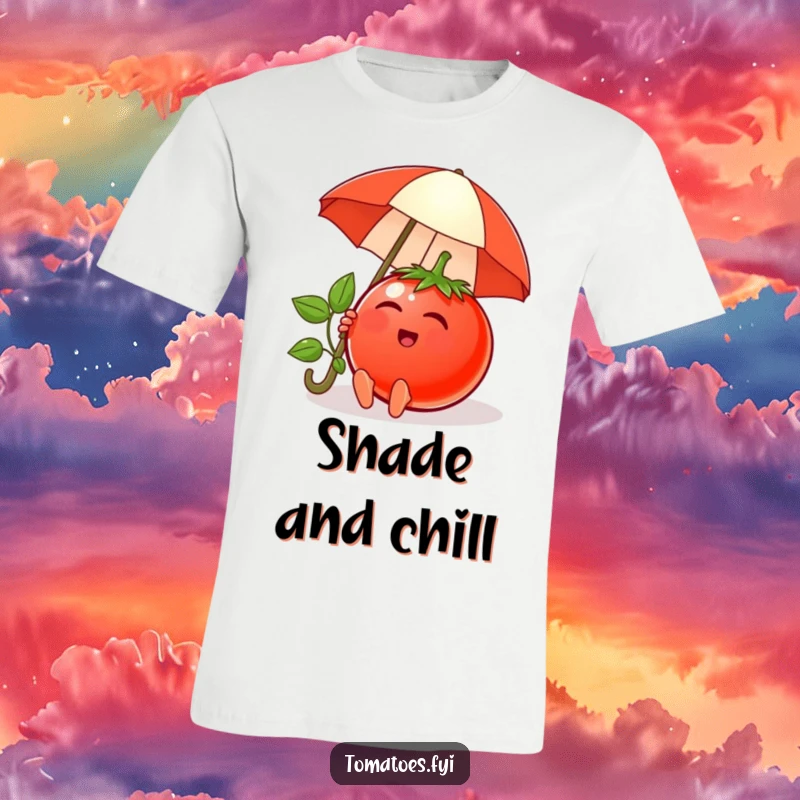 Funny t-shirt with a content tomato character relaxing under a tiny umbrella, symbolizing a relaxed and carefree attitude.