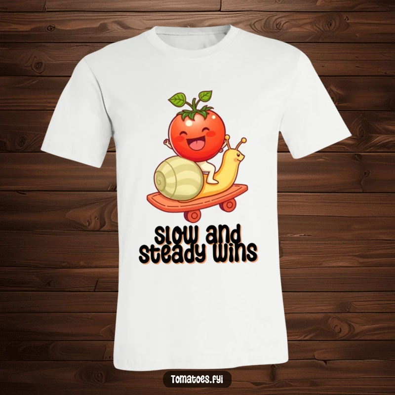 Funny tomato character enthusiastically riding a snail as if it were a rollercoaster on this t-shirt, capturing fun.