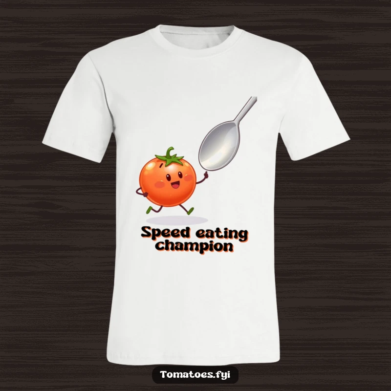 Funny t-shirt featuring a tomato character with tiny legs excitedly sprinting towards a giant spoon, a humorous food pursuit.