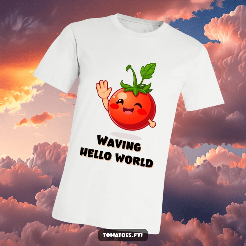 Funny t-shirt showing a smiling tomato character giving a friendly wave, a cheerful and humorous design for spreading good vibes.