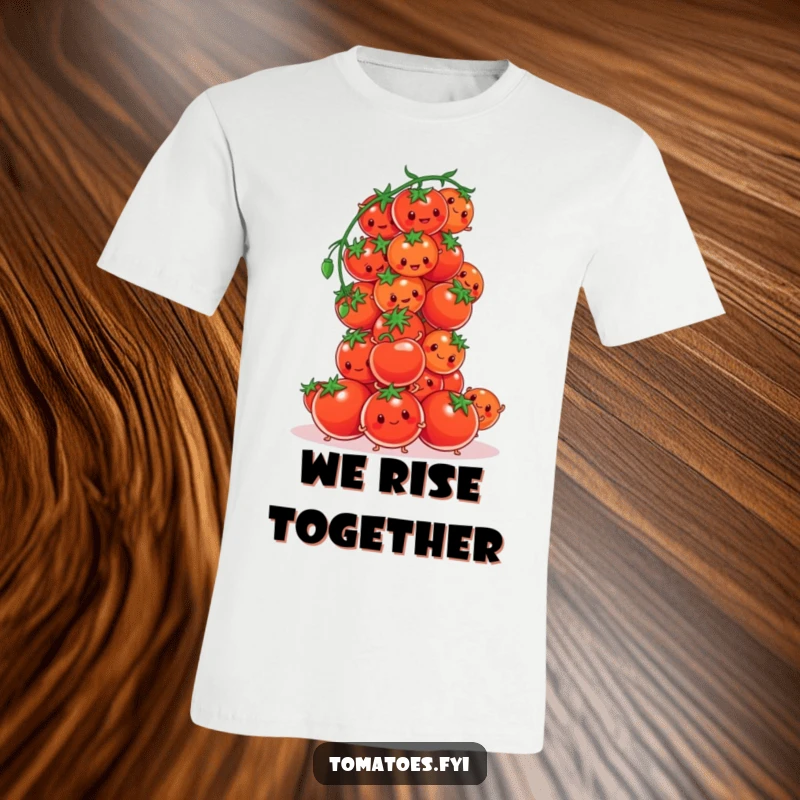 Funny tomato characters comically trying to build a tower of cherry tomatoes on this t-shirt, celebrating effort.