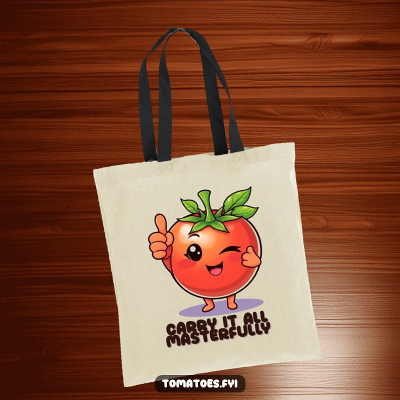 Funny tote bag featuring a winking tomato character giving a confident thumbs up, ideal for stylish and practical everyday use.
