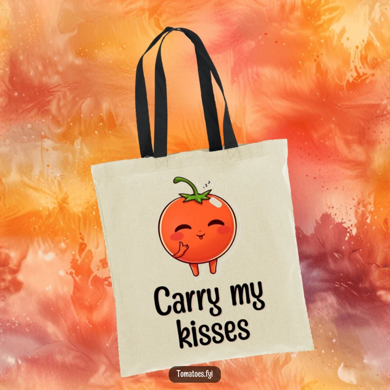Funny tote bag displays a sweet tomato character blowing a kiss, a charming accessory for carrying daily items with love.