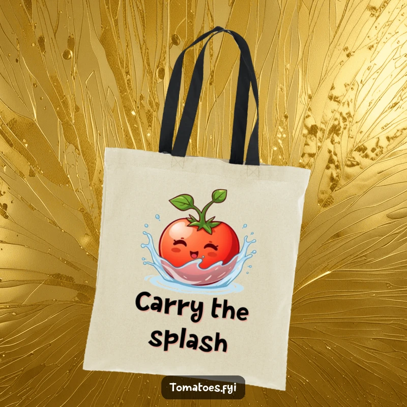 Funny tote bag featuring a tomato character energetically splishing and splashing in water, bringing water-themed fun.