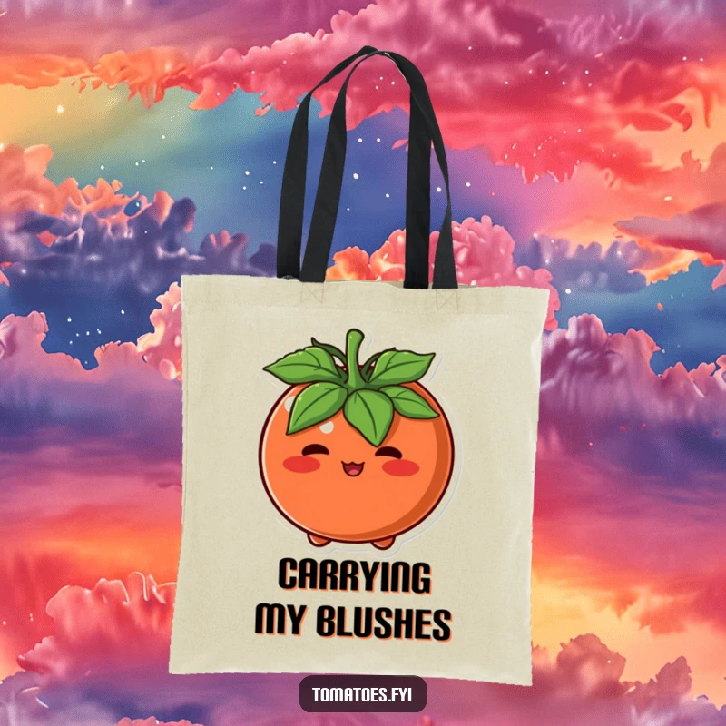 Funny Tote Bag showcasing a round tomato character blushing deeply, carrying a message of adorable embarrassment humorously.