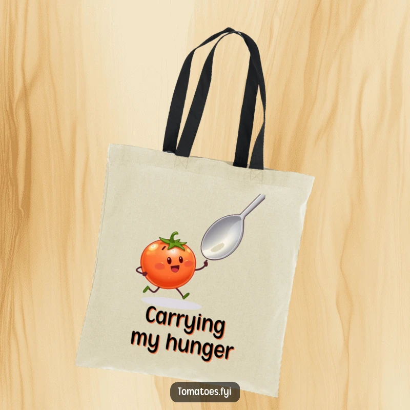 Funny tote bag featuring a tomato character with tiny legs sprinting towards a giant spoon, a humorous foodie accessory.
