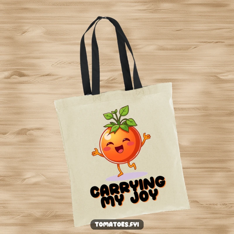 Funny cheerful tomato character doing a happy jig with sprouts, on a stylish and funny tote bag.