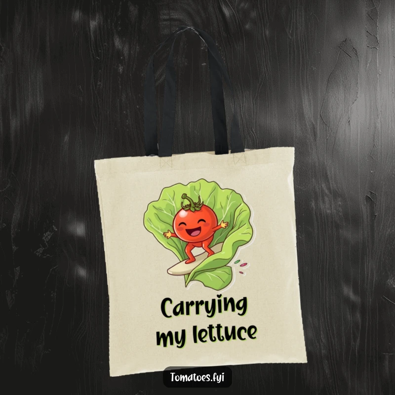 Funny grinning tomato character surfing on a giant lettuce leaf, on a stylish and funny tote bag.