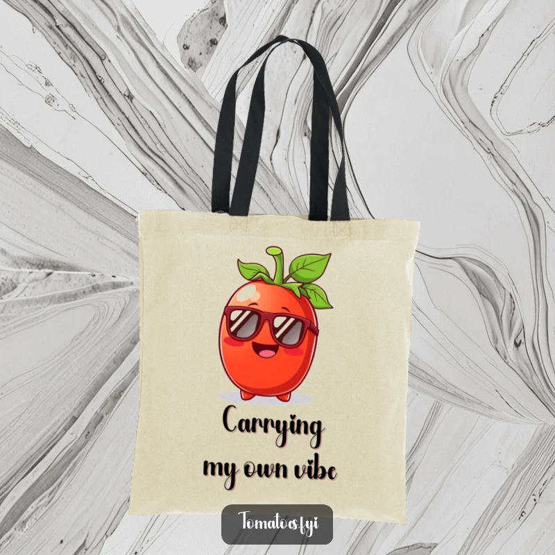 Funny Tomato Sunglasses Tote Bag: A happy tomato wearing sunglasses, perfect for carrying sunny day essentials.