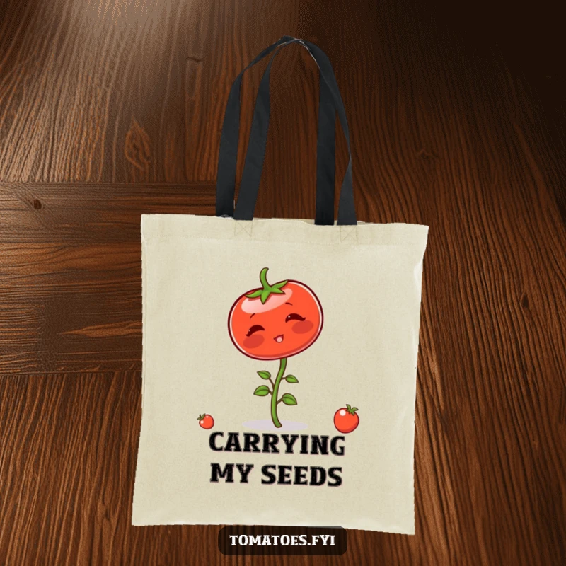 Funny tote bag showing a blushing tomato character comically attempting to balance on its stem, perfect for carrying groceries and smiles.