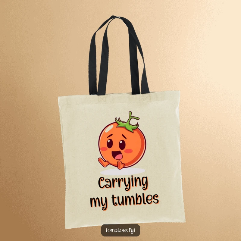 Funny Tote Bag with a surprised tomato character comically tumbling with a smile, a stylish and humorous accessory.