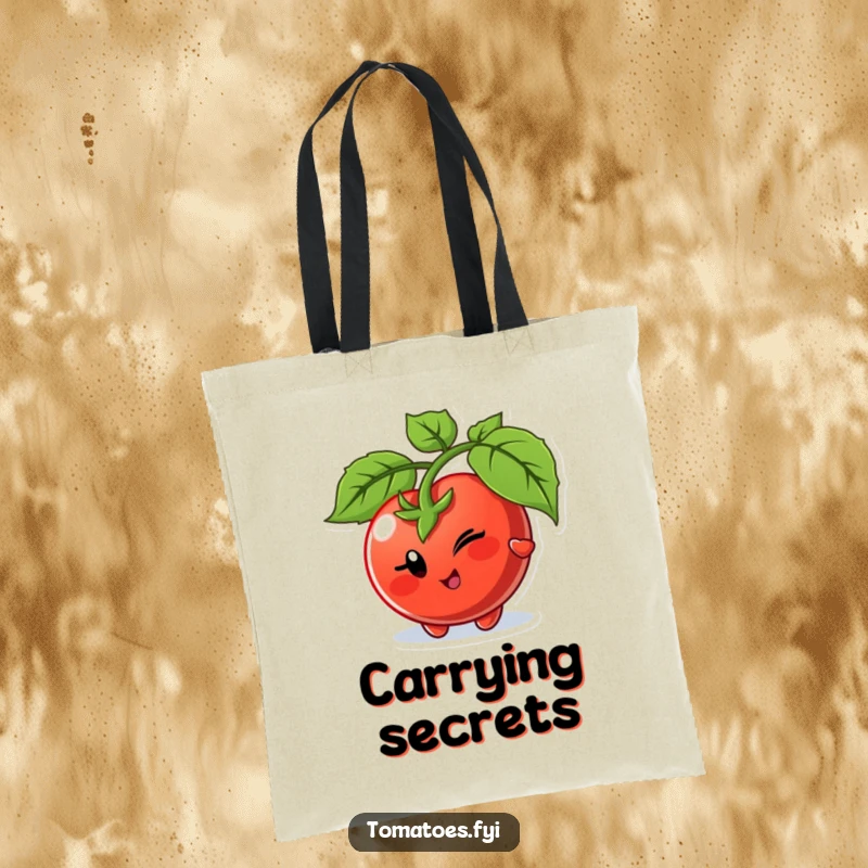Funny tote bag showing a winking tomato character playfully peeking from behind a leaf, perfect for carrying items and playful glances.