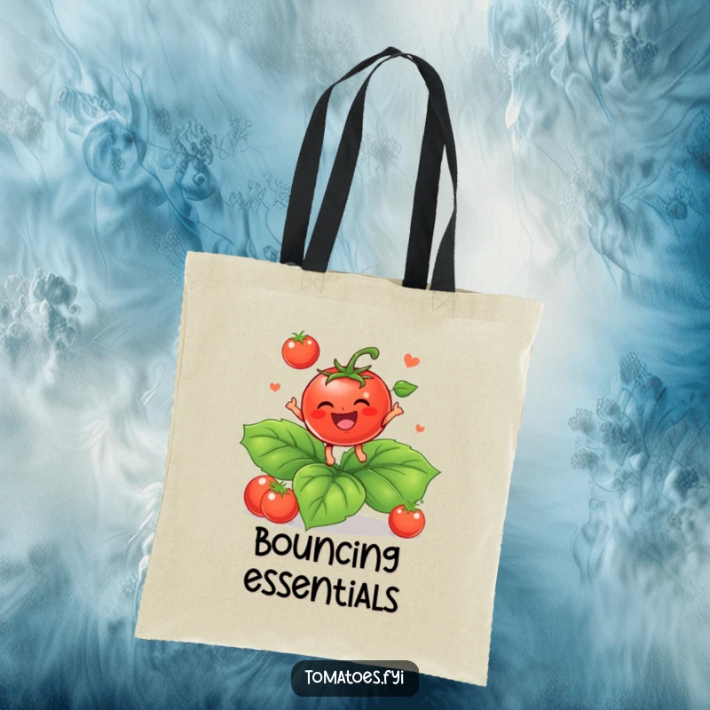 Funny Tote Bag: A baby tomato bounces on a leaf. A funny gift.