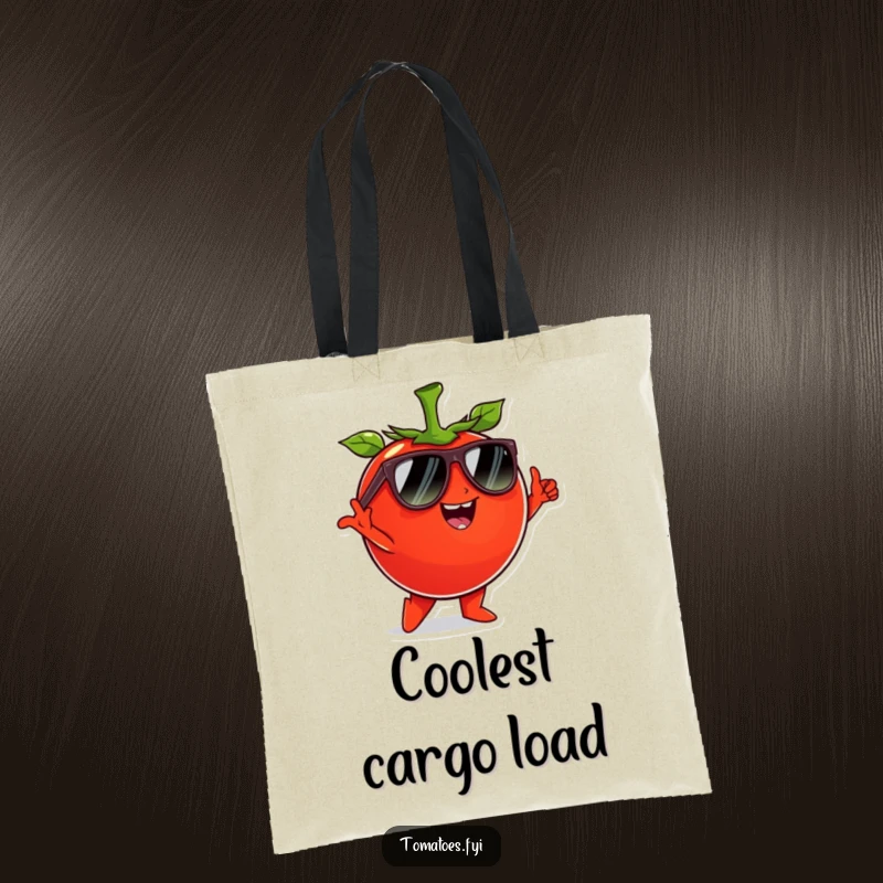 Funny tomato character wearing sunglasses and striking a cool pose, on a stylish and funny tote bag.