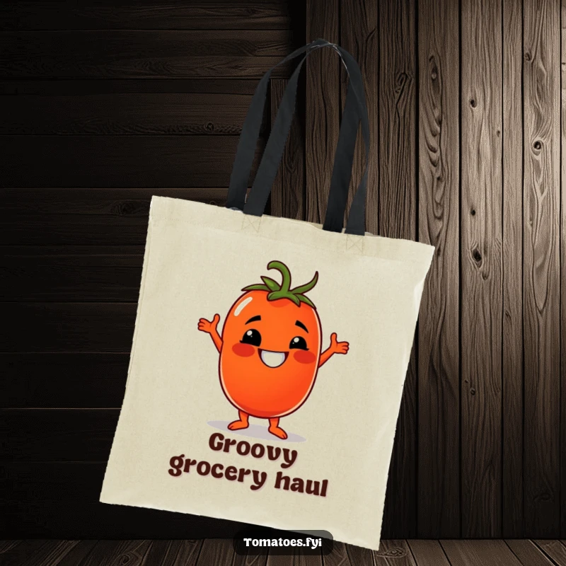Funny tote bag with a grinning tomato character doing a disco dance, ideal for shopping and carrying essentials.
