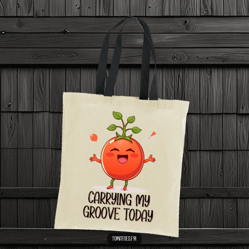 Funny tote bag designed with a giggling tomato in a comical, silly dance, offering both utility and humor.