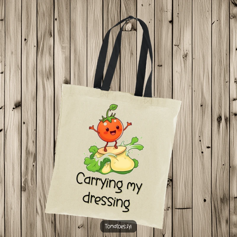 Funny Tote Bag: A tomato surfs a salad dressing wave. A funny gift.