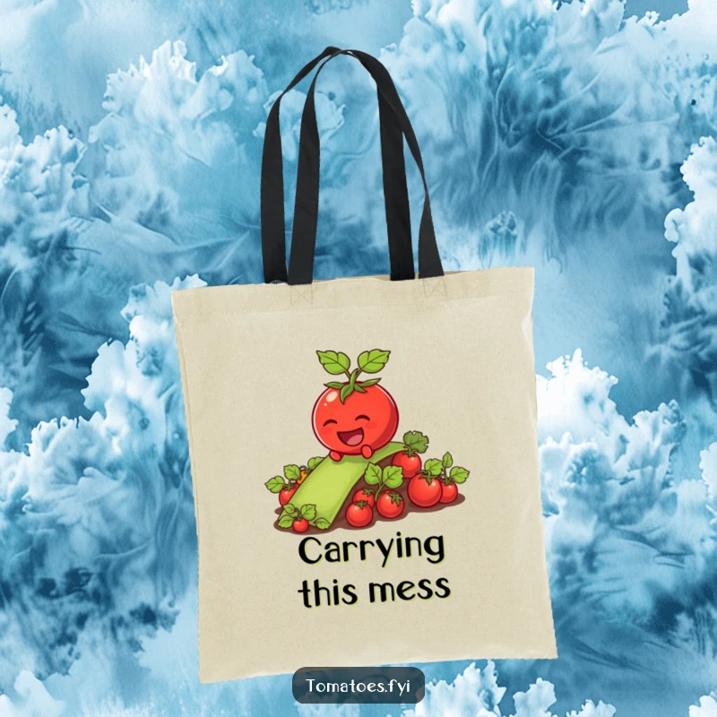 Funny tomato character sliding gleefully down a green vegetable patch on a durable, spacious tote bag.