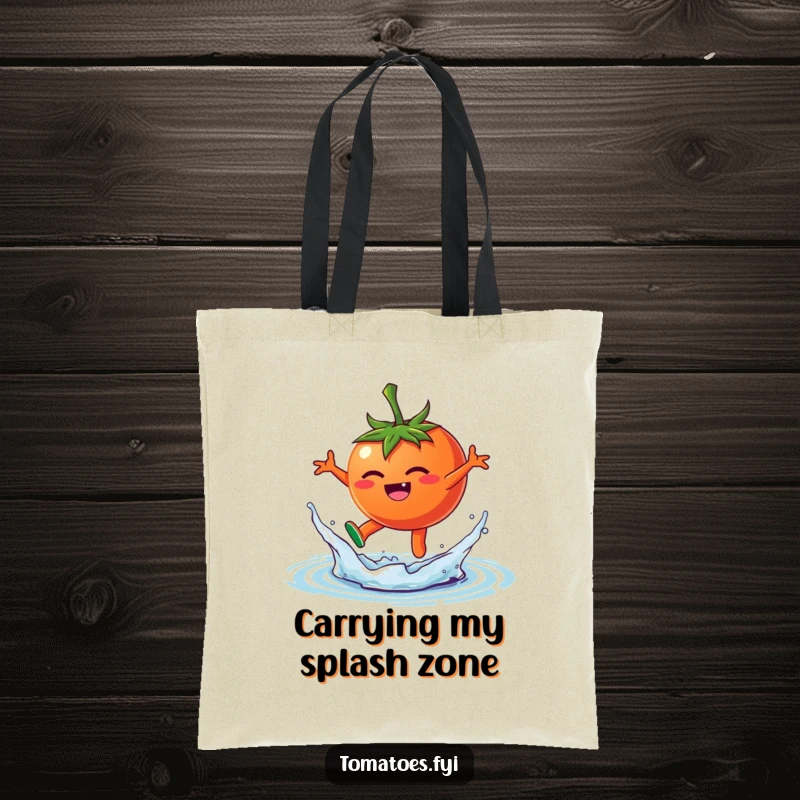Funny tote bag featuring a happy tomato character making a playful splash as it leaps into water, stylish and fun.