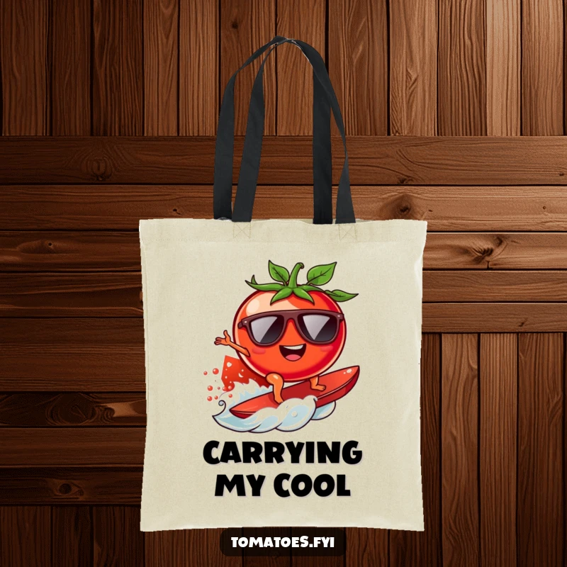 Funny surfing tomato tote bag showcasing a cool tomato with sunglasses riding a juicy tomato wave, ideal for beach trips.