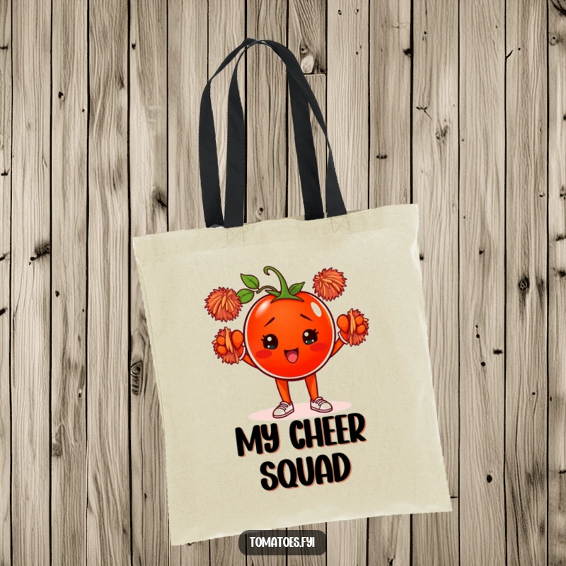 Funny tote bag with a determined tomato character cheering enthusiastically with tiny pom-poms, perfect for carrying essentials with spirit.