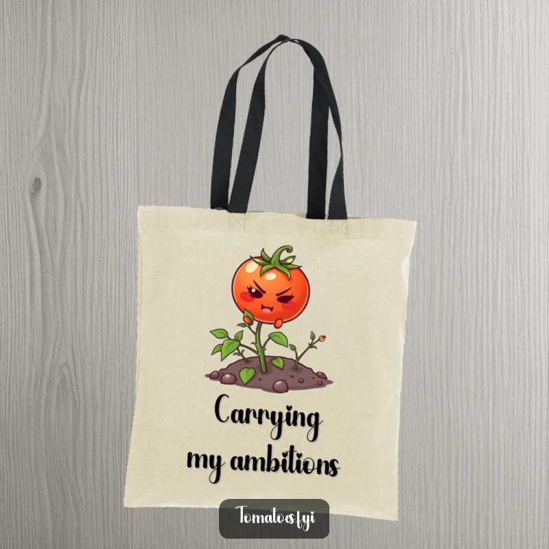 Funny tote bag featuring a resolute cartoon tomato attempting to scale a diminutive weed, representing hard work.