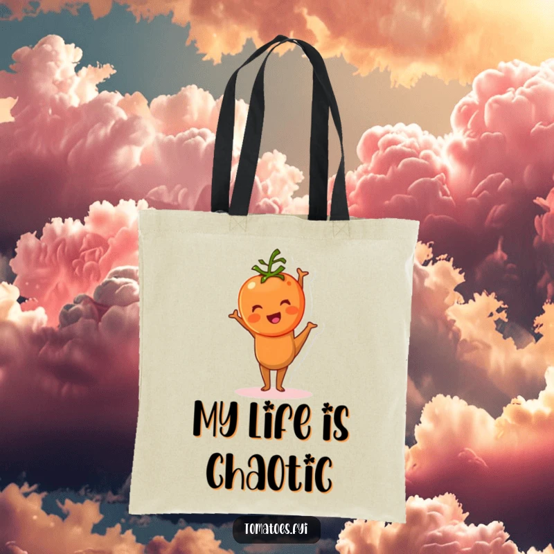 Funny tomato character hilariously trying to do a handstand on this tote bag, a perfect blend of utility and humor.