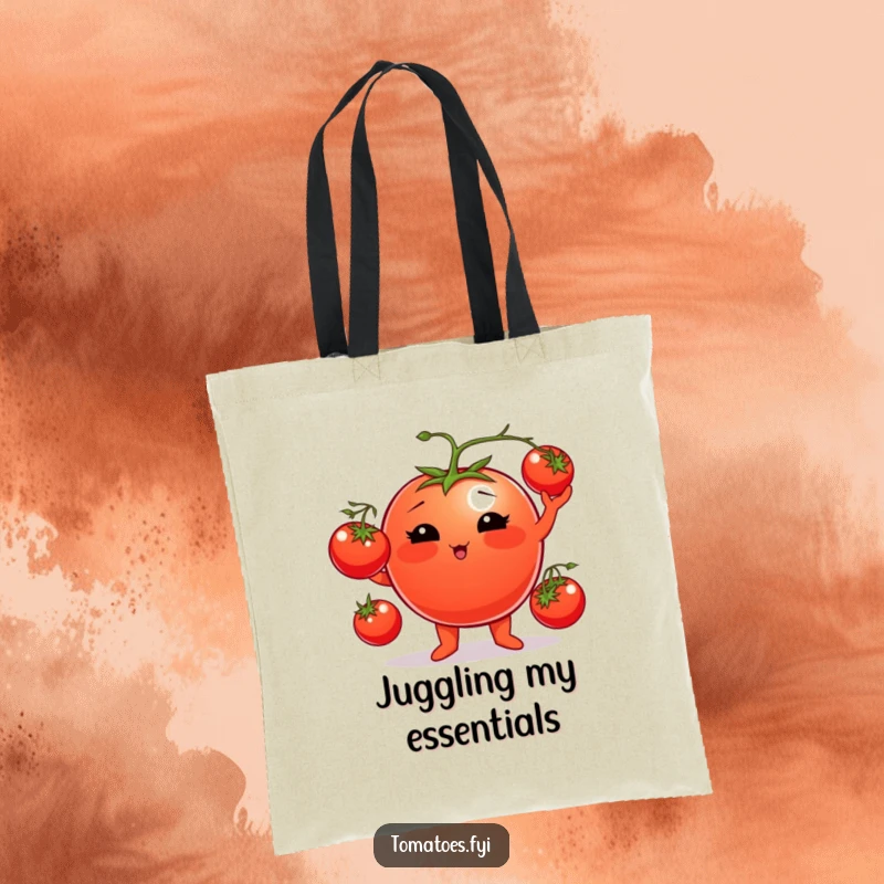 Funny tomato tote bag showcasing a plump tomato character juggling cherry tomatoes, ideal for stylish and humorous shopping.