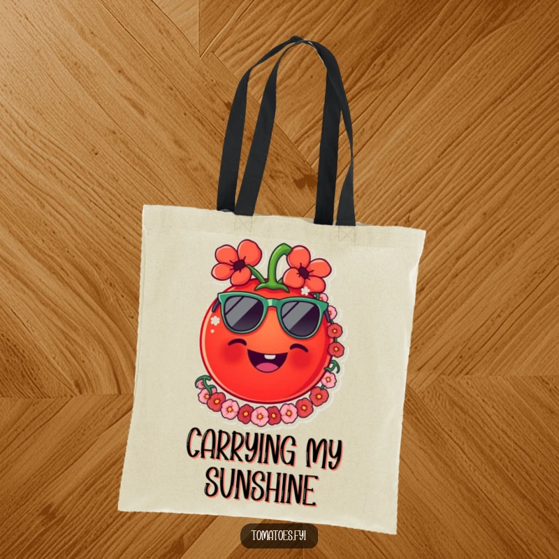 Funny tomato tote bag with a smiling tomato wearing sunglasses and a lei, perfect for carrying essentials with a humorous tropical theme.