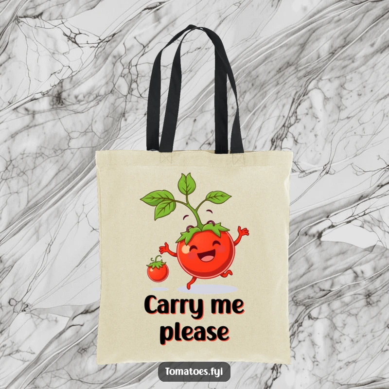 Funny tote bag displays a grinning tomato parent energetically bouncing a small tomato, symbolizing playful parenting and carrying daily essentials.
