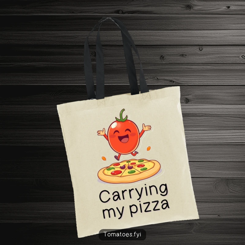 Funny cheerful tomato character joyfully bouncing on a giant pizza crust on a tote bag.