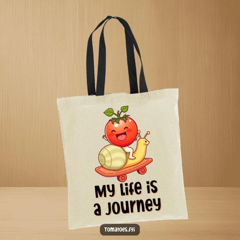 Funny tomato character enjoying a thrilling rollercoaster ride on a snail, depicted on this humorous tote bag.
