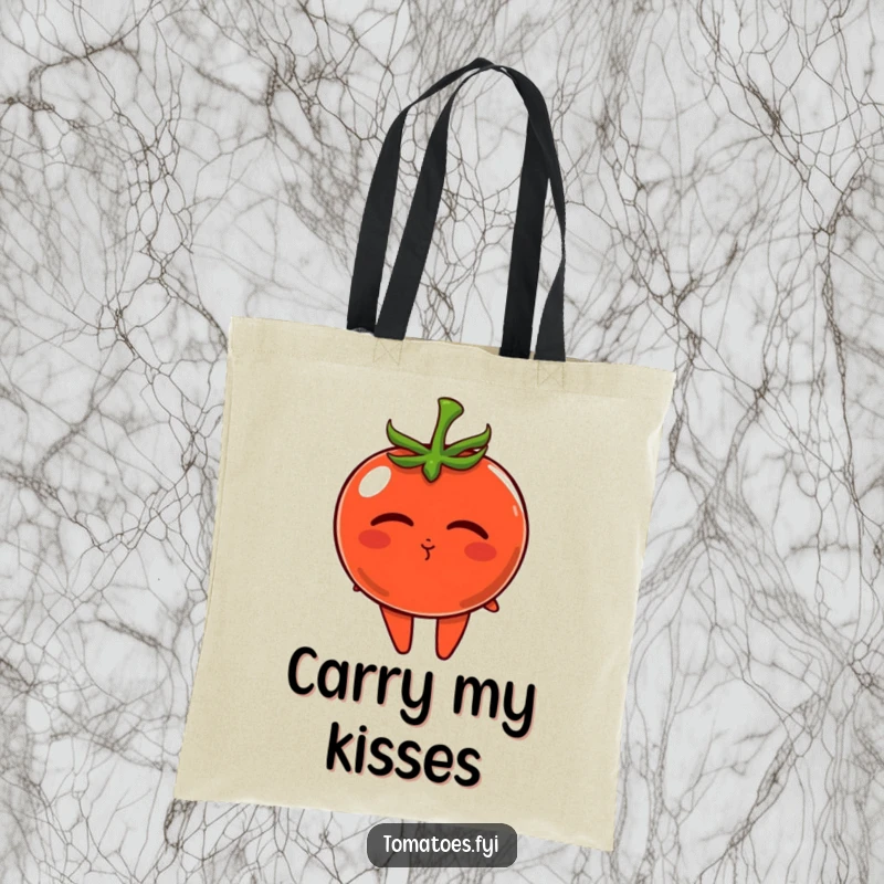Funny tote bag featuring a cute tomato character blowing a tiny kiss, perfect for carrying love and laughter.
