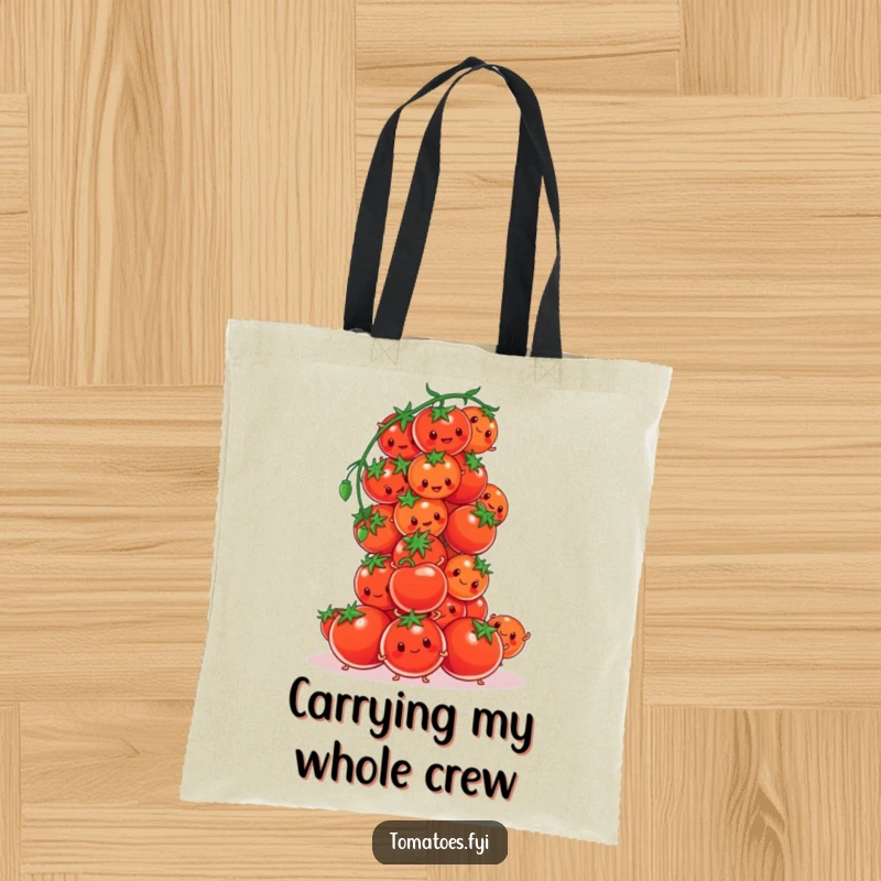 Funny tomato characters hilariously trying to construct a tower of cherry tomatoes on this tote bag, a helpful accessory.