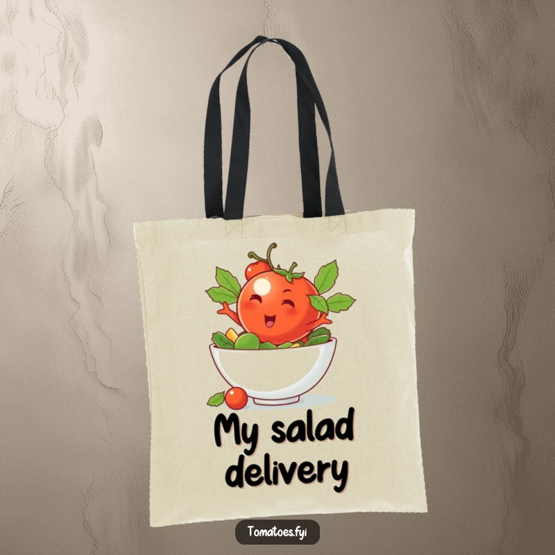 Funny tote bag with a winking tomato character making a cool dive into a salad bowl, a stylish and humorous accessory.