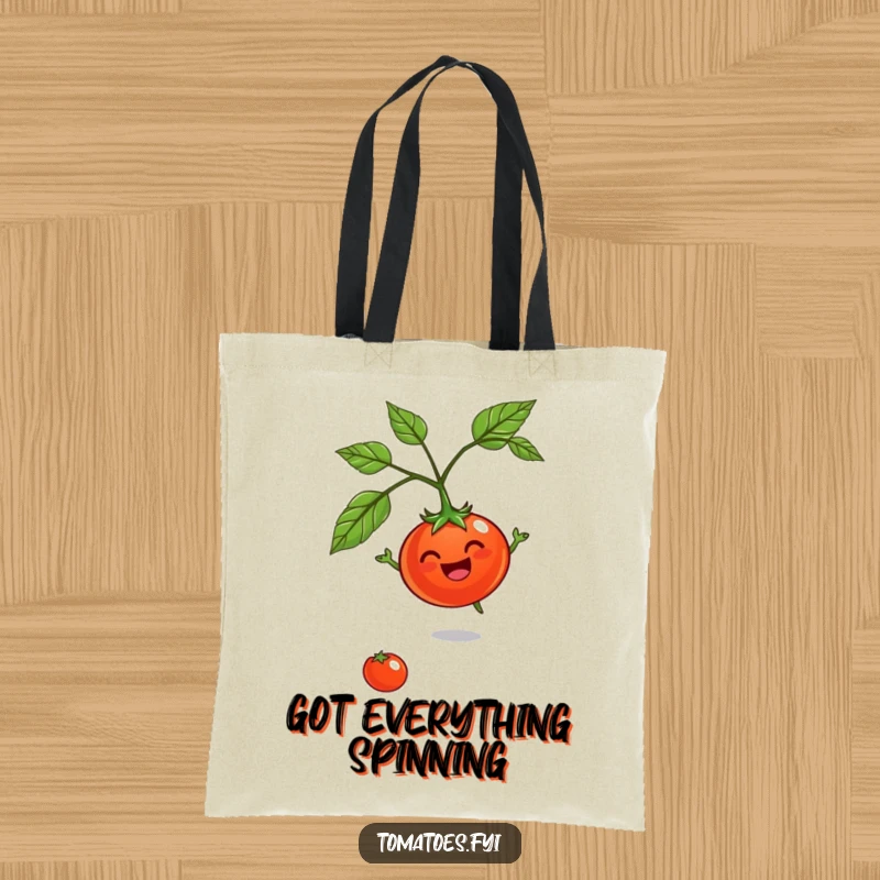 Funny Jovial Tomato Tote Bag: A tote bag showcasing a happy tomato character joyfully spinning on its stem.