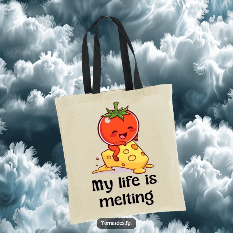 Funny kawaii tomato character hilariously attempting to ride a melting cheese slice on a tote bag.
