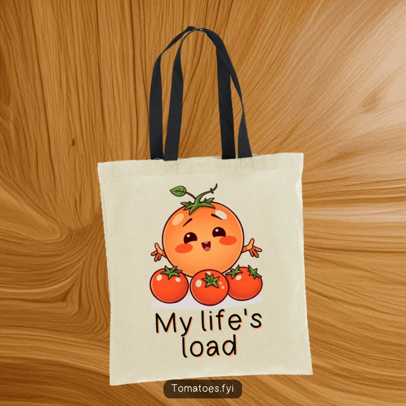 Funny tomato character comically juggling three smaller tomatoes on a durable and spacious tote bag.